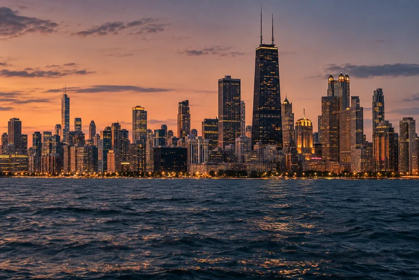 Chicago skyline beside Lake Michigan at dusk