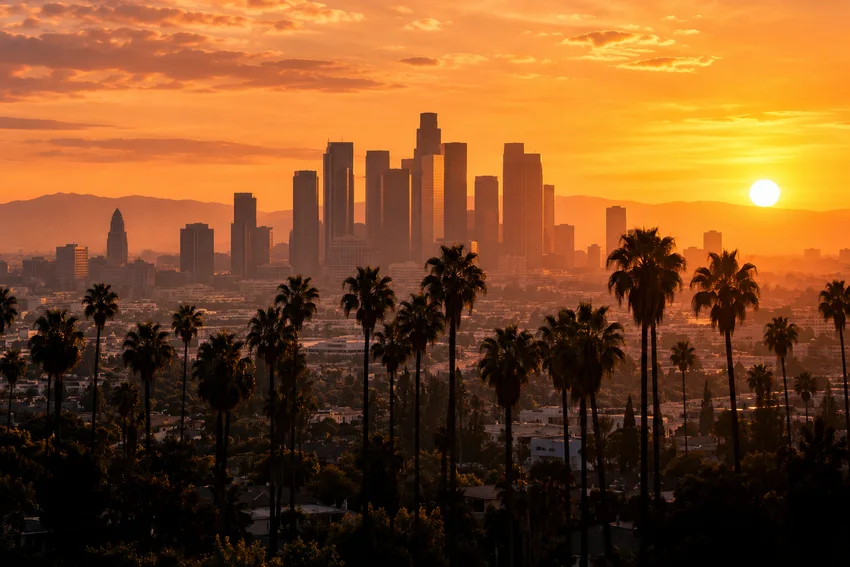 Los Angeles downtown skyline and palm trees in warm evening light